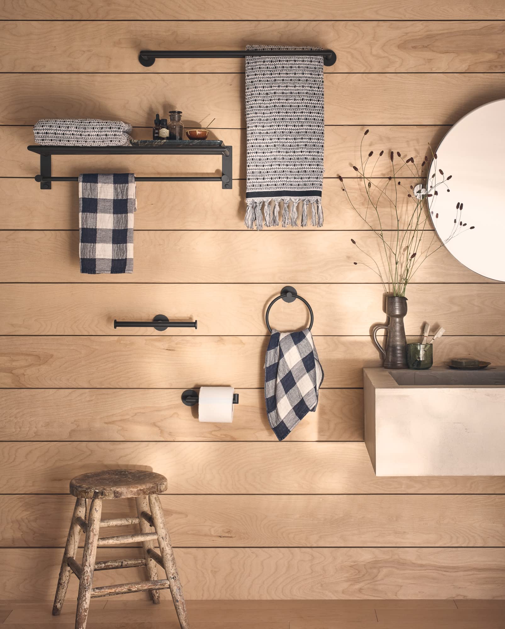 Moen Y5794Bl 24-Inch Wide Modern Bathroom Hotel-Style Towel Storage Shelf With Towel Bar, Matte Black